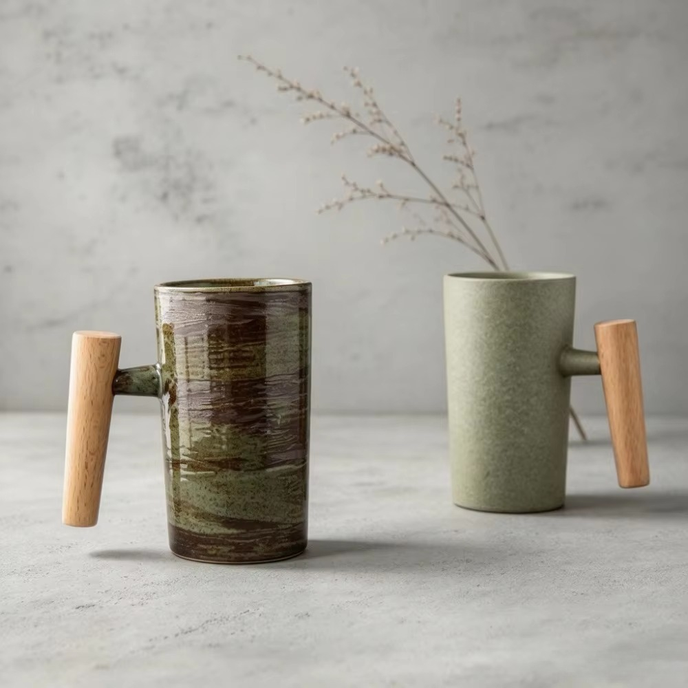 Japanese Tea - Japanisch inspirierte Keramik-Kaffeetasse mit Holzgriff, Retro-Teetasse,